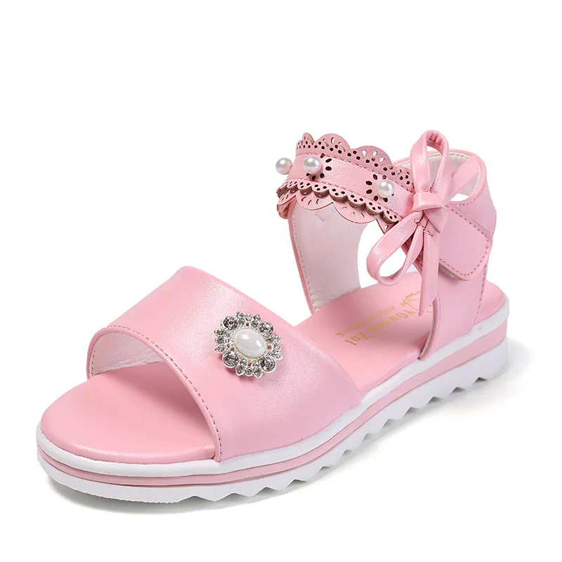 Детские сандалии с бисером для девочек; кожаные пляжные сандалии; детская летняя обувь; сандалии принцессы с бантом; 3, 4, 5, 6, 7, 8, От 9 до 13 лет - Цвет: pink
