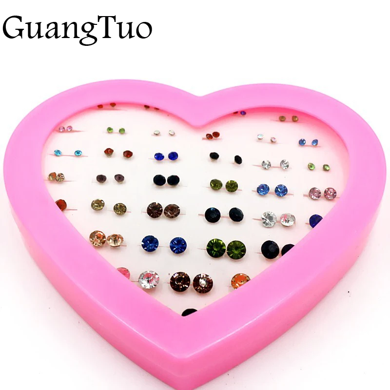 

EK2102 36pairs Mix Color Heart Box Mini Round Rhinestone Stud Earring For Women Cheap Jewelry Zircon Crystal Earrings Set Gift