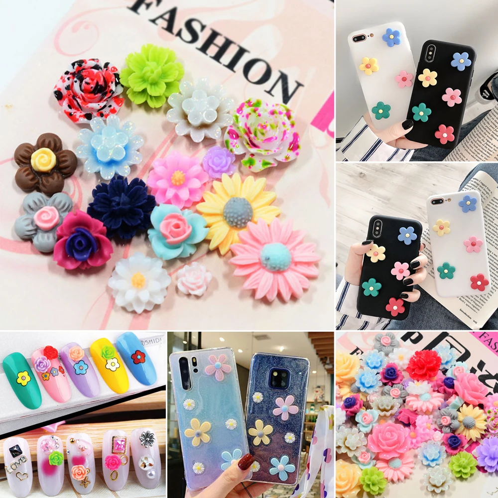

50Pcs Random Mixed Color Resin Beads Rose Flower Flat Back Embellishment Cabochons Craft DIY 3D For Nails Art Decorations