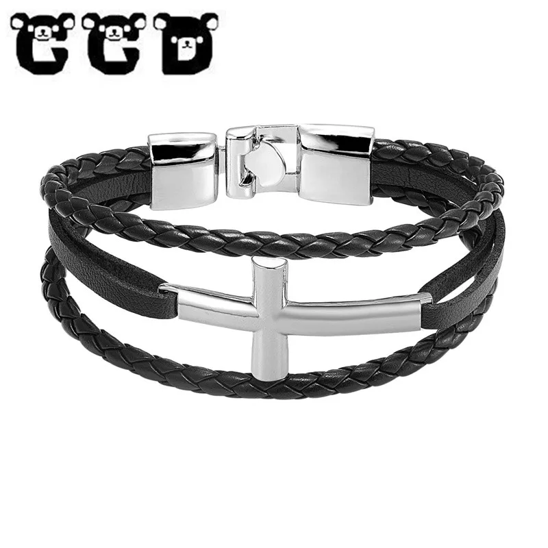 

New Fashion Men Jewelry Vintage Leather Bracelets & Bangles Crucifix Jesus Christian Women Men Horizontal Sideway Cross Bracele