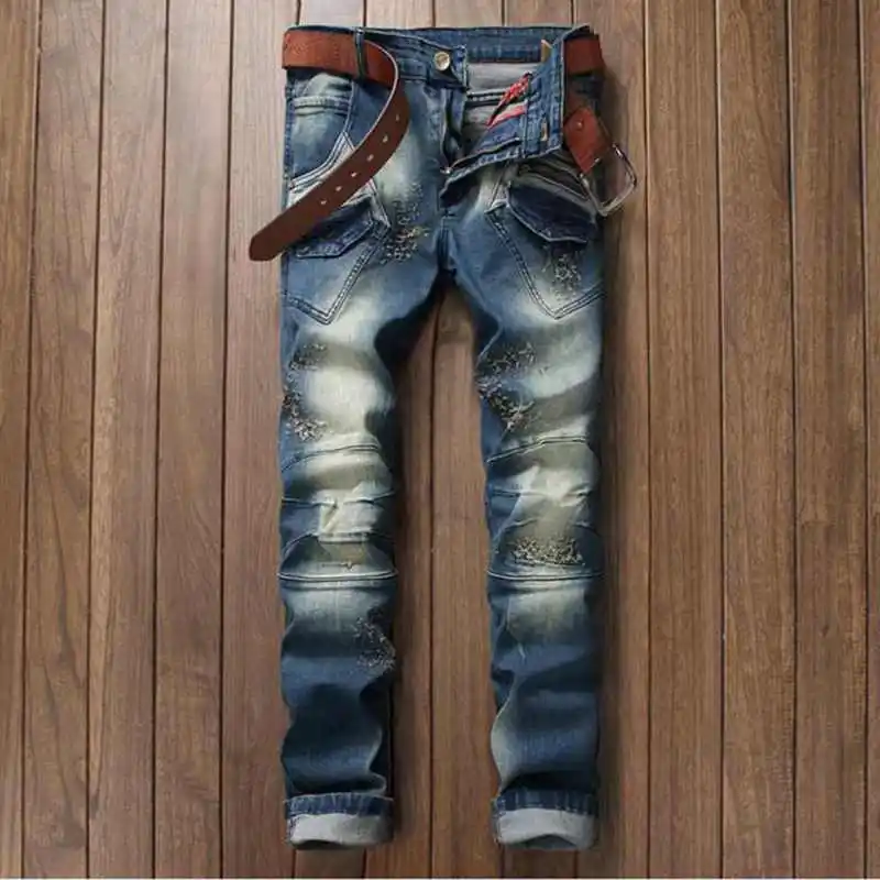 Brand Original Design Stretch Men s Jeans Fashion Hole Patchwork Biker Jeans Pants Luxury Stitching Wash