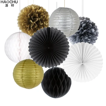 

8pcs/Set Round Chinese Paper Lanterns Gold Silver Tissue Paper Honeycomb Balls Wedding Flower Birthday Party Hanging Decorations