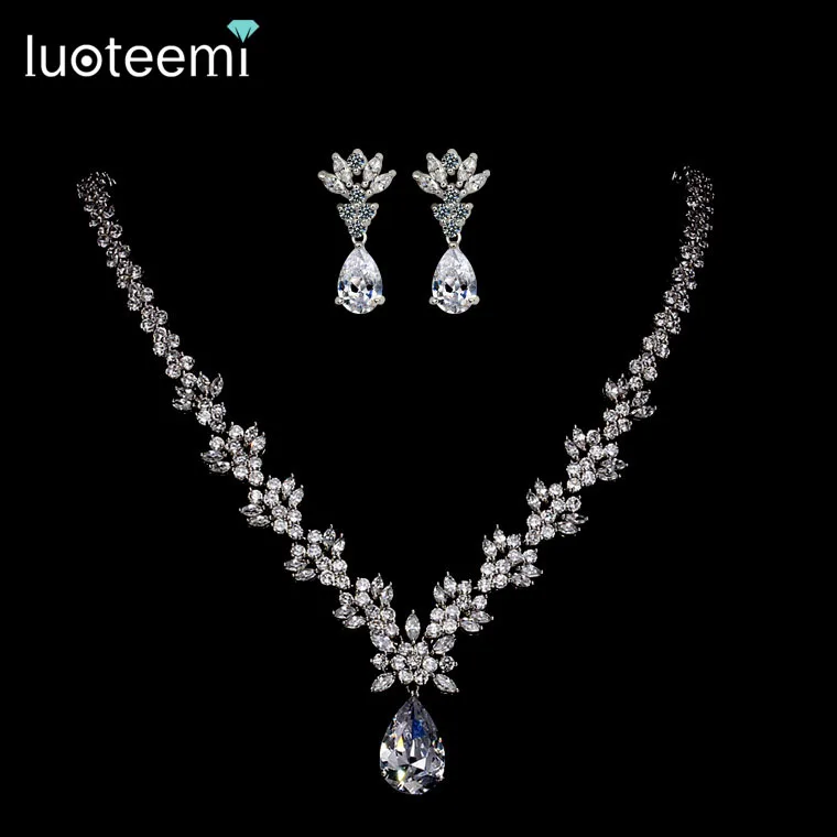 LUOTEEMI Style Arrive Fashion Pear Shape Crystal Zircon Wedding Jewelry Sets for Brides Luxury Bridal Necklace