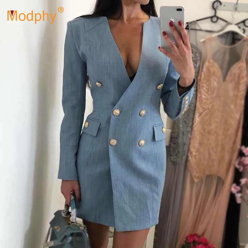 

2018 new spring women's slim coat windbreaker sexy deep V-neck double-breasted long-sleeved button fashion women's coat Vestidos