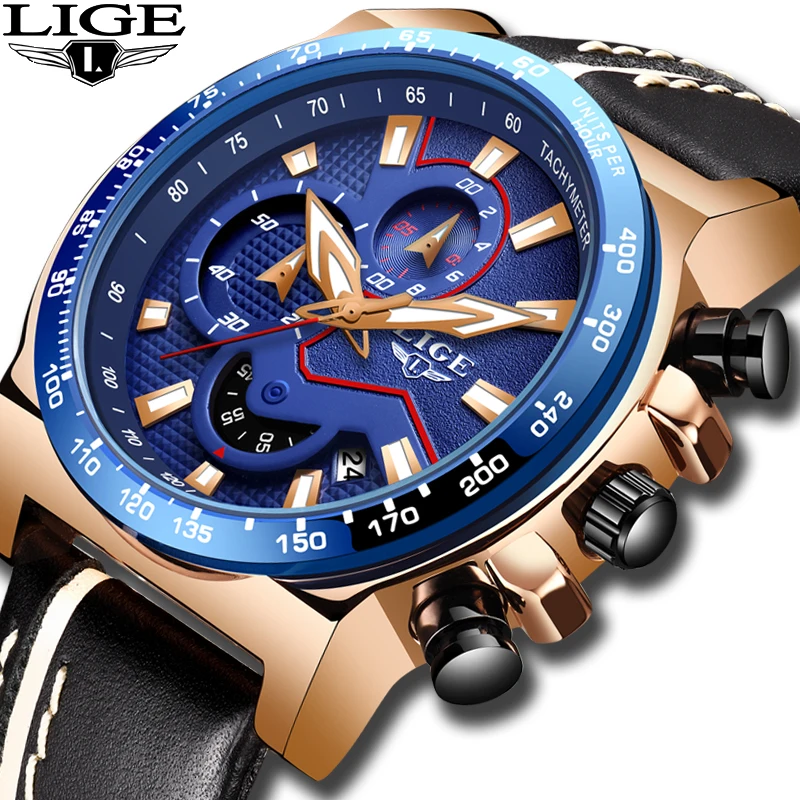 

2019 New LIGE Blue Wristwatch Mens Watches Top Brand Luxury Leather Quartz Watch For Men Sport Clock Male Waterproof Chronograph