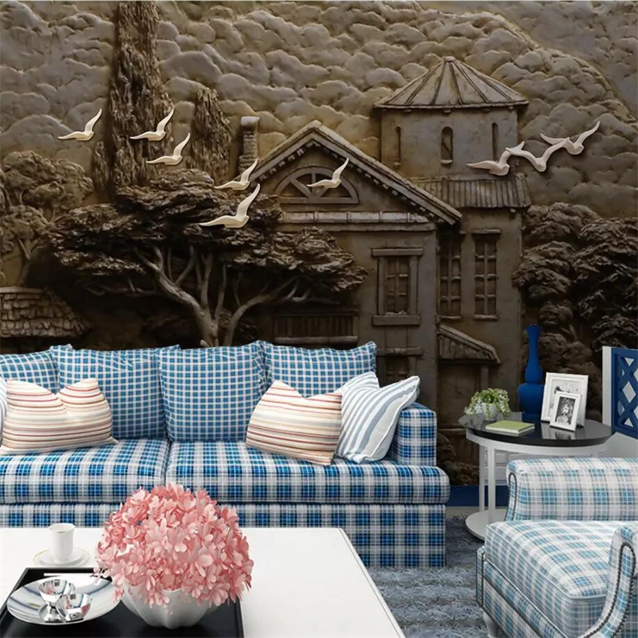 

wellyu 3d papel de parede Custom wallpaper 3D обои embossed forest hut big tree flying bird living room TV background wall paper