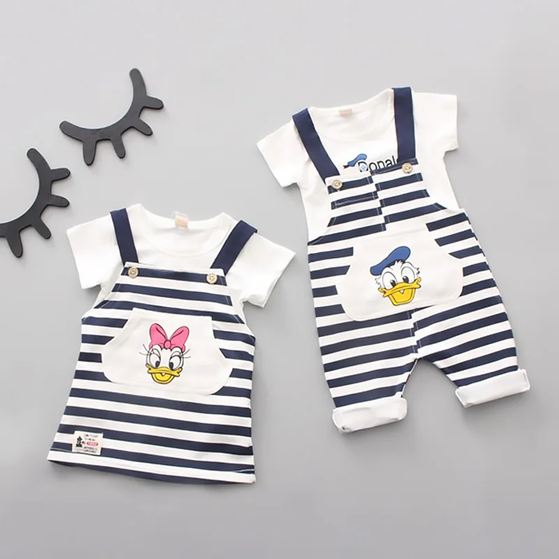 

2019 Summer Baby Clothes Cartoon T-shirt Donald Duck Suspender Trousers 2Pcs Toddlers Short Sleeve Stripe Casual Sets 0-2Years