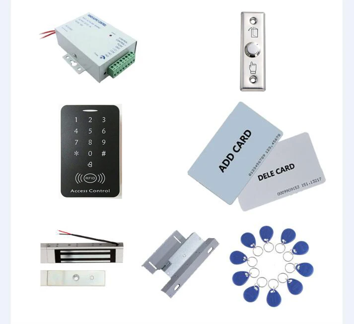 

standalone access control kit, power+180kg magnetic lock+180kg ZL-bracket+exit button+2 manage card,10 keyfob ID tags,sn:set-5