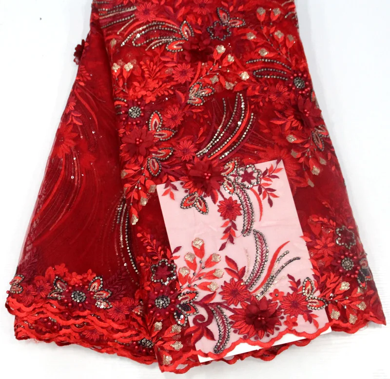 

RED 3d Bridal Lace Fabric 2018 High Quality Lace Embroidery Tulle Lace Fabric For French African Lace Fabric 5yards