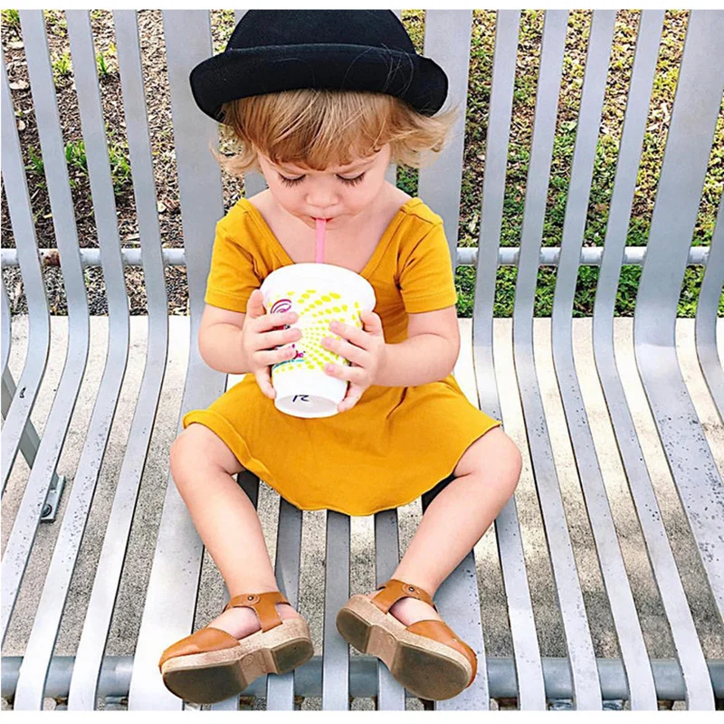 

Little Girls Cotton Dress Children Summer Short Sleeve Yellow Dress Baby Clothes