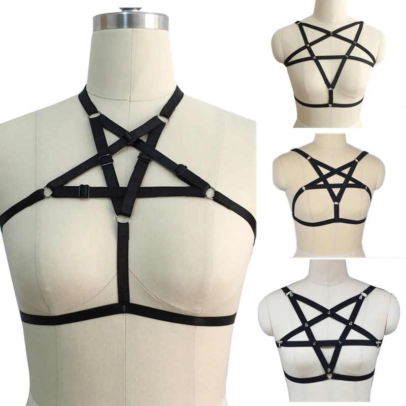 

Goth pentagram shape body harness bra fetish lingerie bondage bra 90's cosplay costume sexy crop top underwear O0006