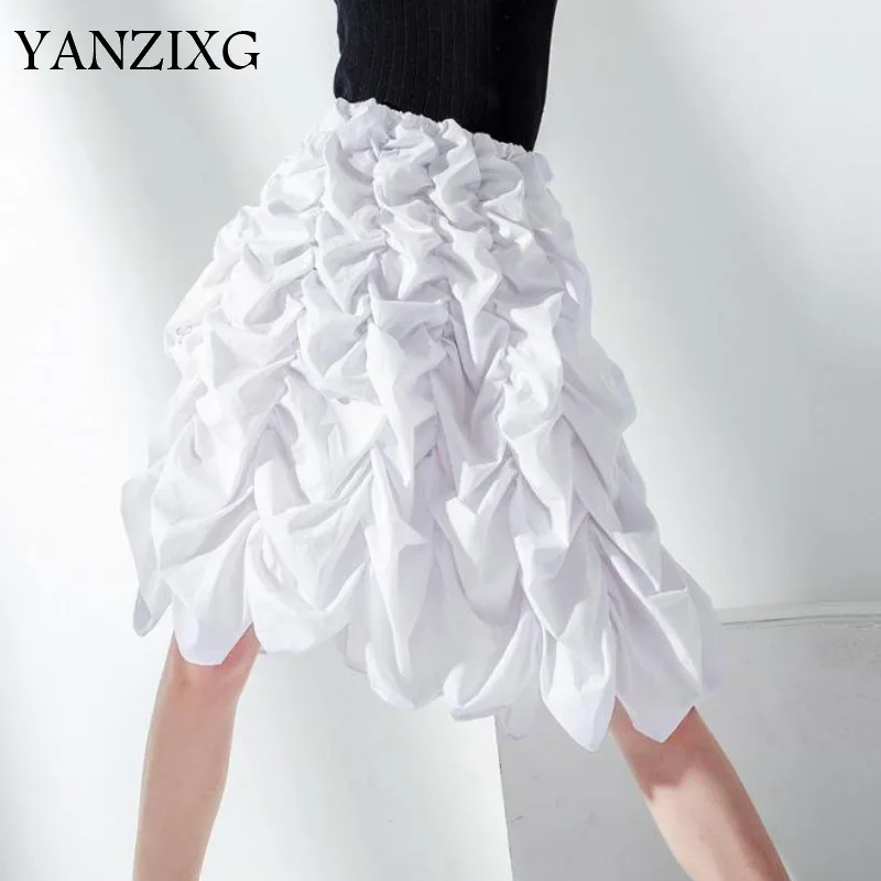 Women Skirt Romantic Wrinkle Skirt Cotton White High Waist Ladies Skirts Retro All Match Black Skirts Summer New E021