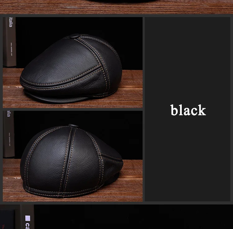 Man Eldly Dad Head Warm Velvet Boina With Line Ear Flap Hats Real Leather Fitted Thicken Beret Caps 12 9