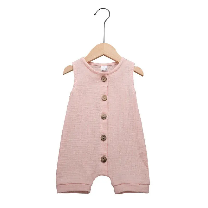 Летняя одежда для малышей хлопковый льняной комбинезон для новорожденных мальчиков и девочек, однобортный комбинезон унисекс без рукавов для детей 0-24 месяцев - Цвет: Розовый
