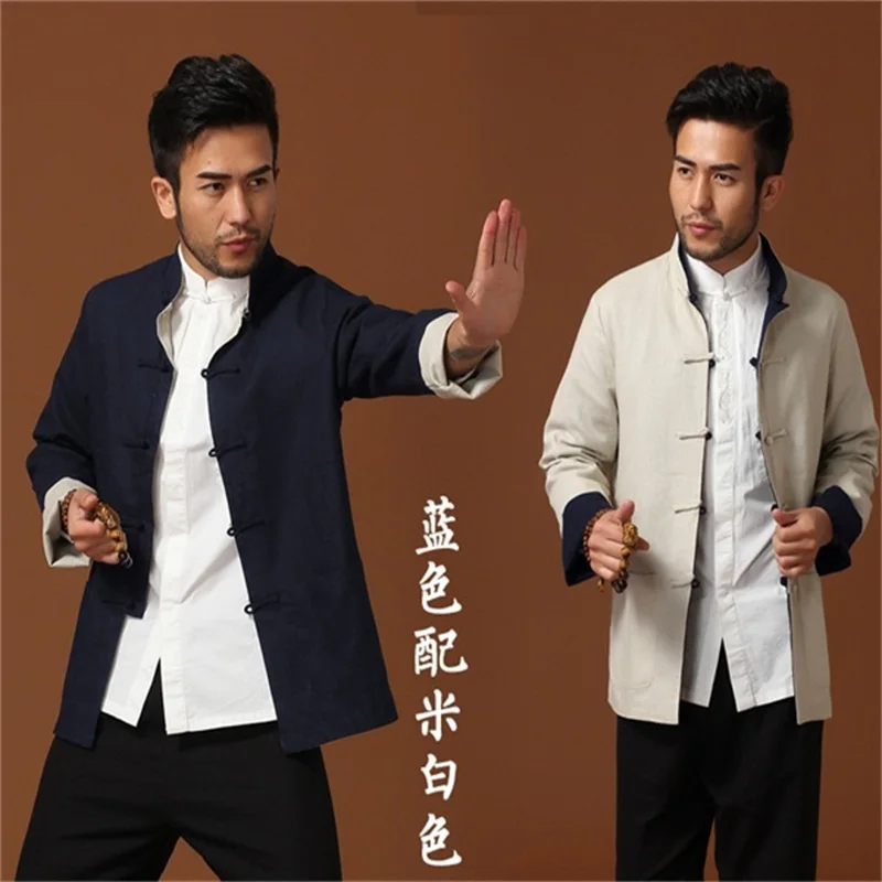 Лидер продаж Китайский Для мужчин кунг-фу куртка Двусторонняя двухсторонняя льняное пальто Для Мужчин's хлопковая Верхняя одежда S M L XL XXL XXXL - Цвет: Navy Blue Beige