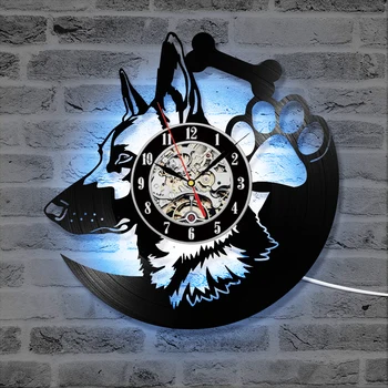 

German Shepherd Dog Record Clock LED Clocks for Living Room Vinyl Record Hanging Clock Lighting Amimal Silhouette Room Decor