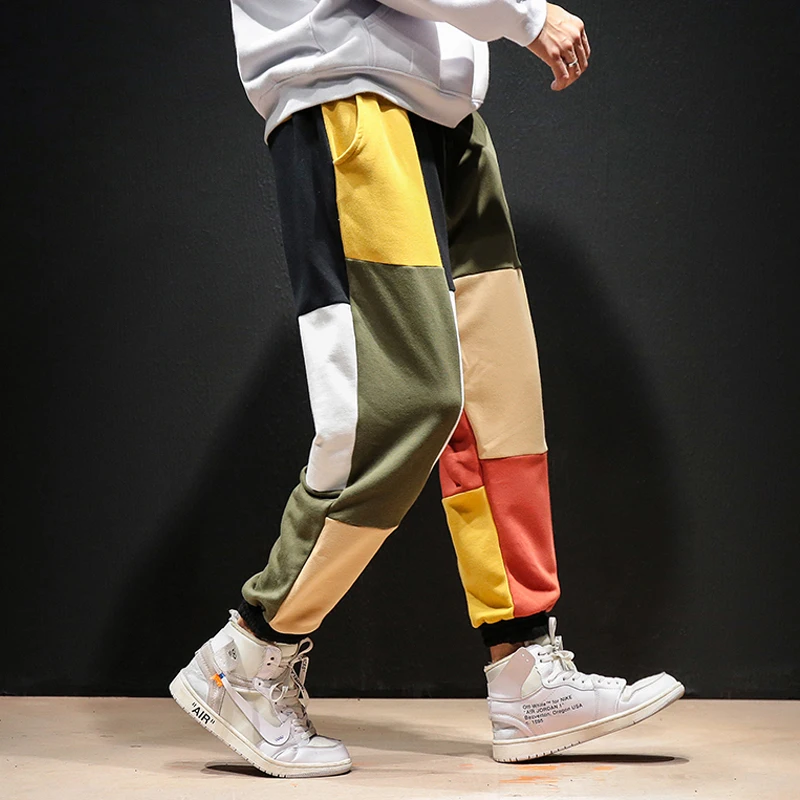 2019 Mens Streetwear Casual Joggers Pants Patchwork Color Harem Pants Men Male Fashions Cotton Sweatpants Spodnie Meskie  Loose