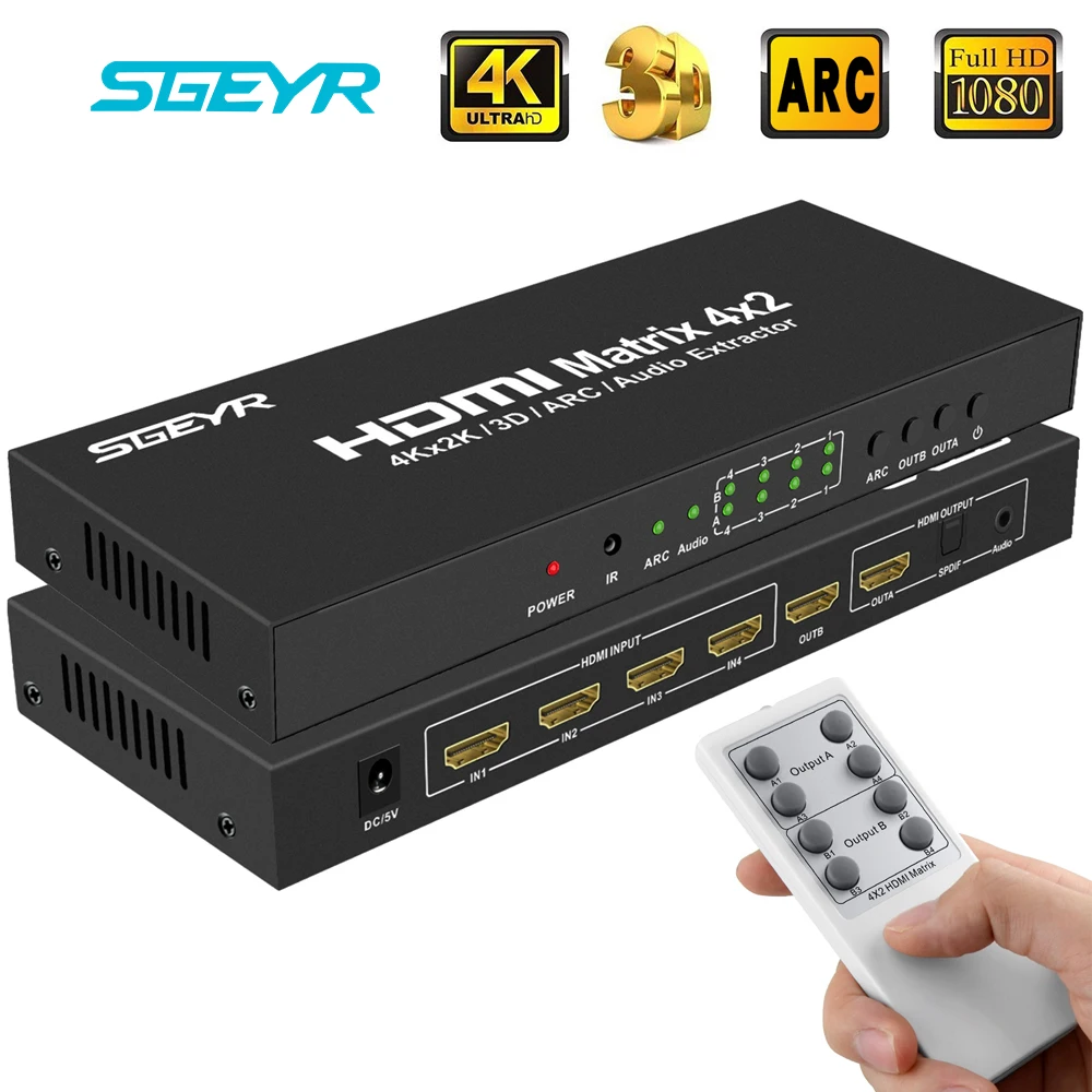 HDMI True Matrix 4x2 HDMI Matriz Switcher Switch Splitter 4 Input 2 Output with 3.5mm Audio Extractor+OpticalRemote Control