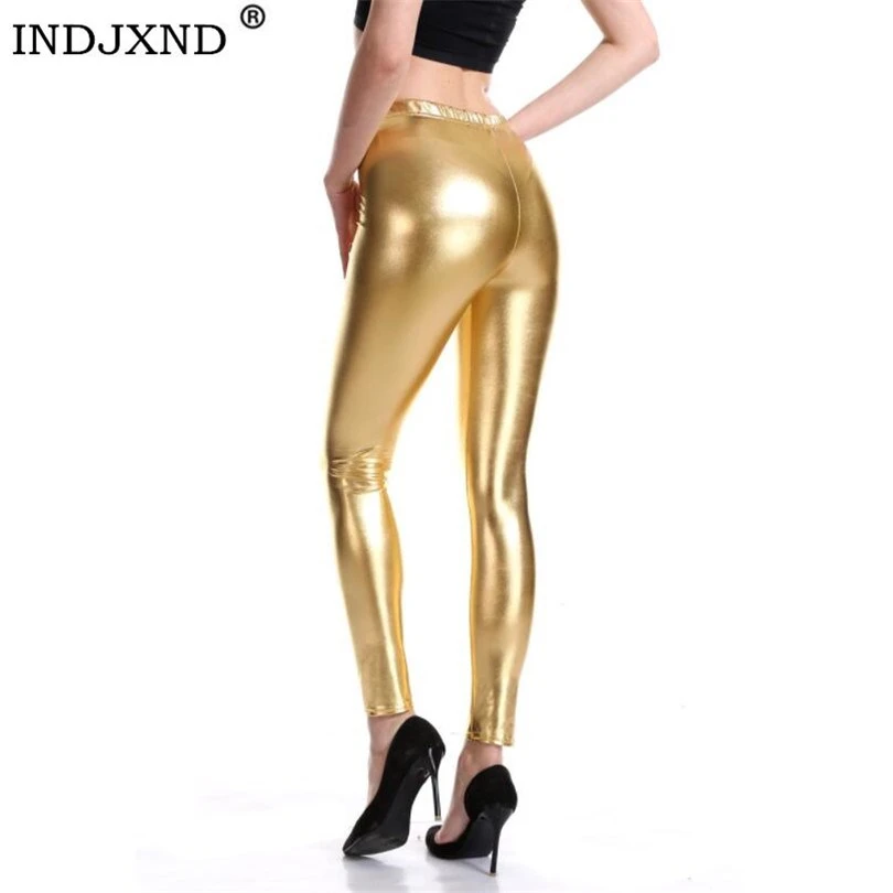 INDJXND Style Punk Rock PU Leather Faux Leather Leggings Women Trousers Purple Metallic Gold Shiny Sexy Shining Legging Fitness fleece lined leggings