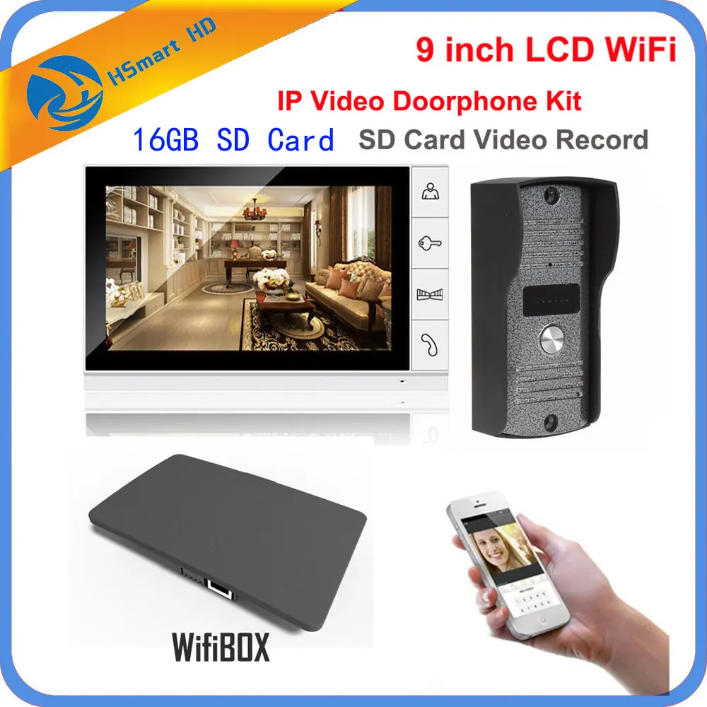 9 inch Monitor IR Camera Wireless WiFi IP Video Doorphone Intercom System add 16GB SD Video Recording Support Android iPhone APP