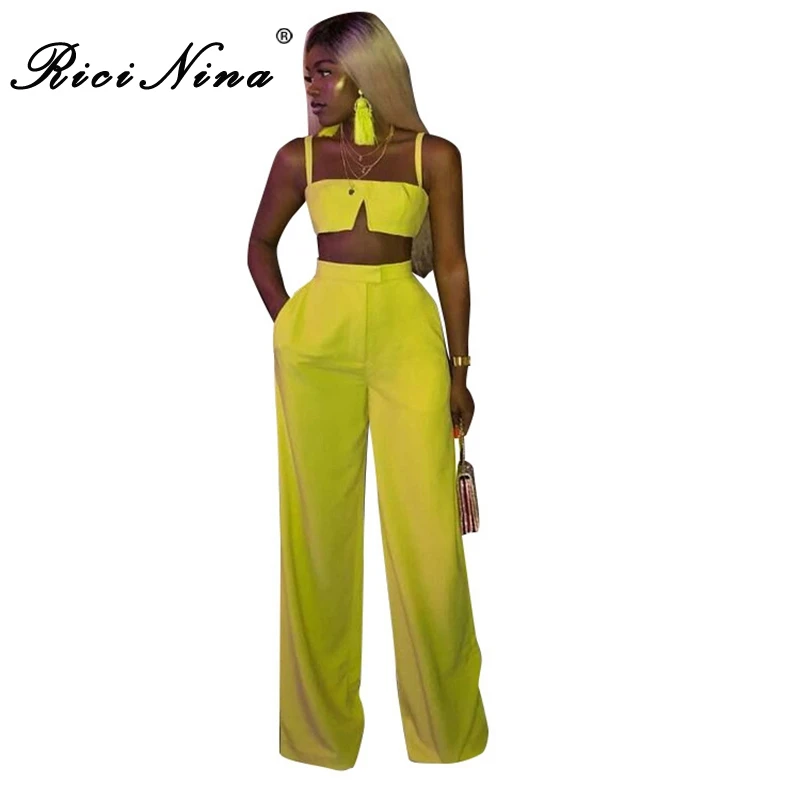 

RICININA 2019 Summer Sexy Two Pieces Set Women Sleeveless Crop Tops High Waist Loose Pants Set Ladies Casual Party Two Pieces