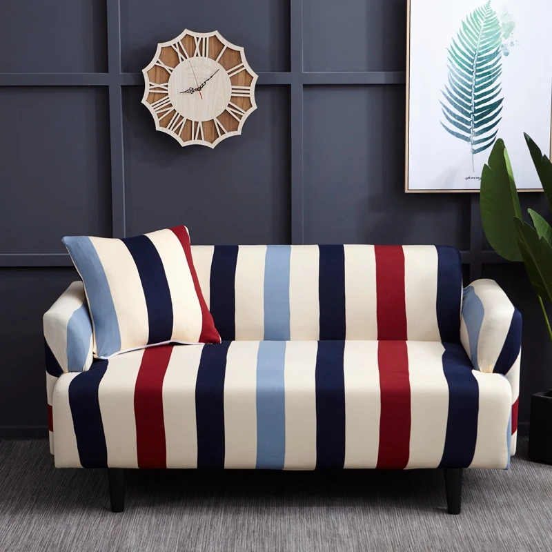 Blue and Red Stripes Universal Stretch Sofa Covers For Living Room