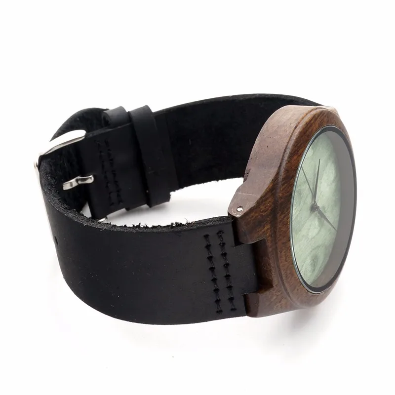 BOBO BIRD Nature Ebony Wooden Quartz Wrist Watch Green Wood Dail for Men Women with Genuine Leather Band in Gift Box