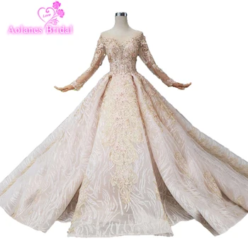 

Glitters Champagne Lace Vestido De Noiva 2019 Luxurious Wedding Dresses Long Sleeve Beads Plus Size Vintage Muslim Wedding-dress