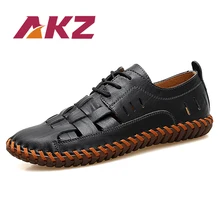 AKZ летний Для мужчин сандалии пляжные вьетнамки из натуральной кожи воздухопроницаемая комфортная обувь Для мужчин повседневная обувь мужские туфли на плоской подошве