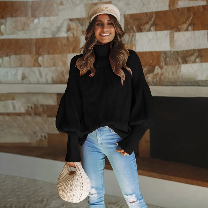Cotton Knitted Solid Sweaters Turtleneck Pullover Women Autumn 2018 Winter Lantern Sleeve Sexy Jumper Female Sweater High Neck