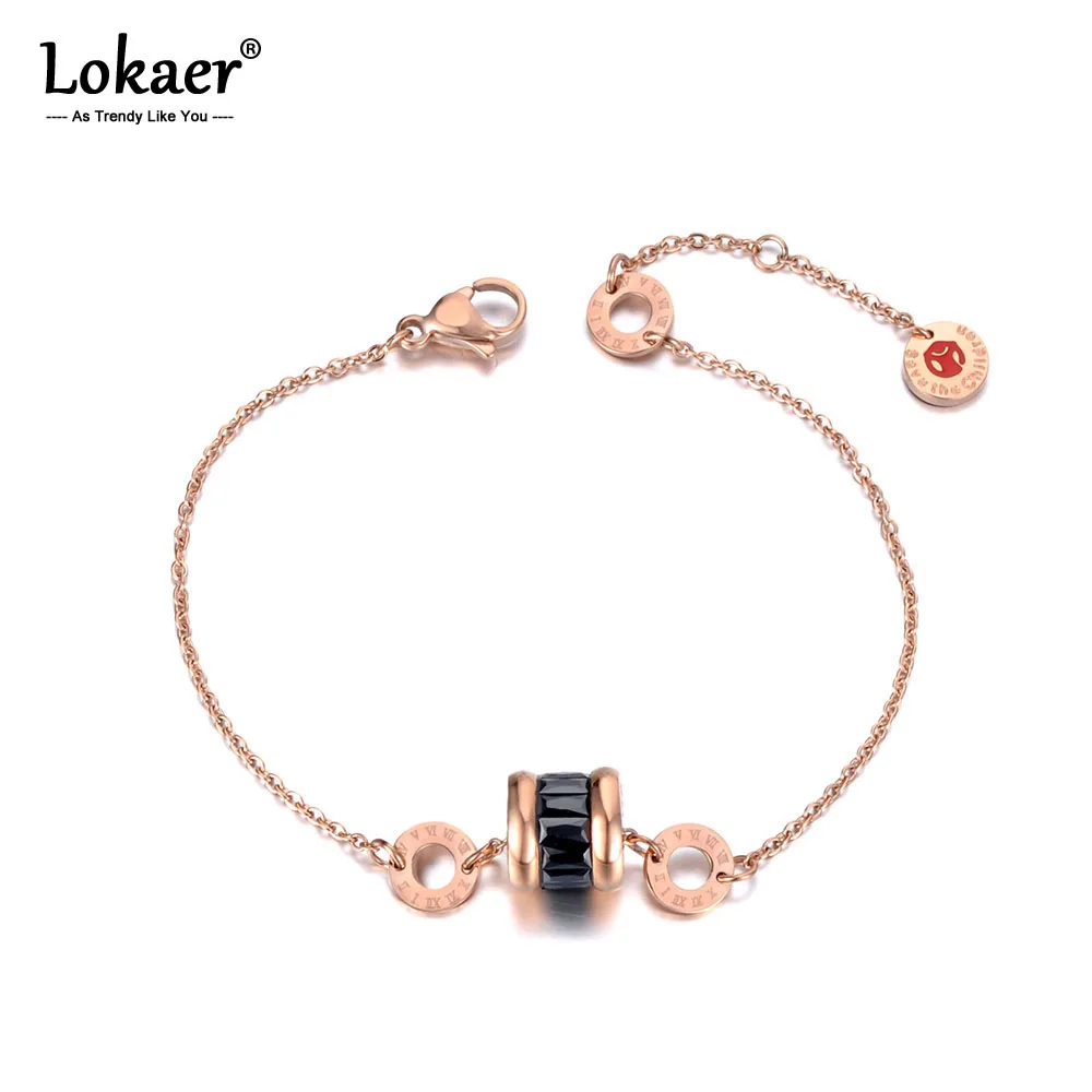 

Lokaer Titanium Stainless Steel CZ Crystal Roman Numerals Charm Bracelets For Women Bohemia Summer Chain & Link Bracelet B19078