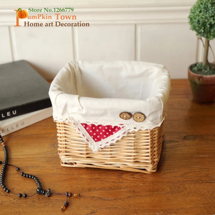 2018 Idyllic style wicker red dot button desktop cosmetic storage basket,remote control basket