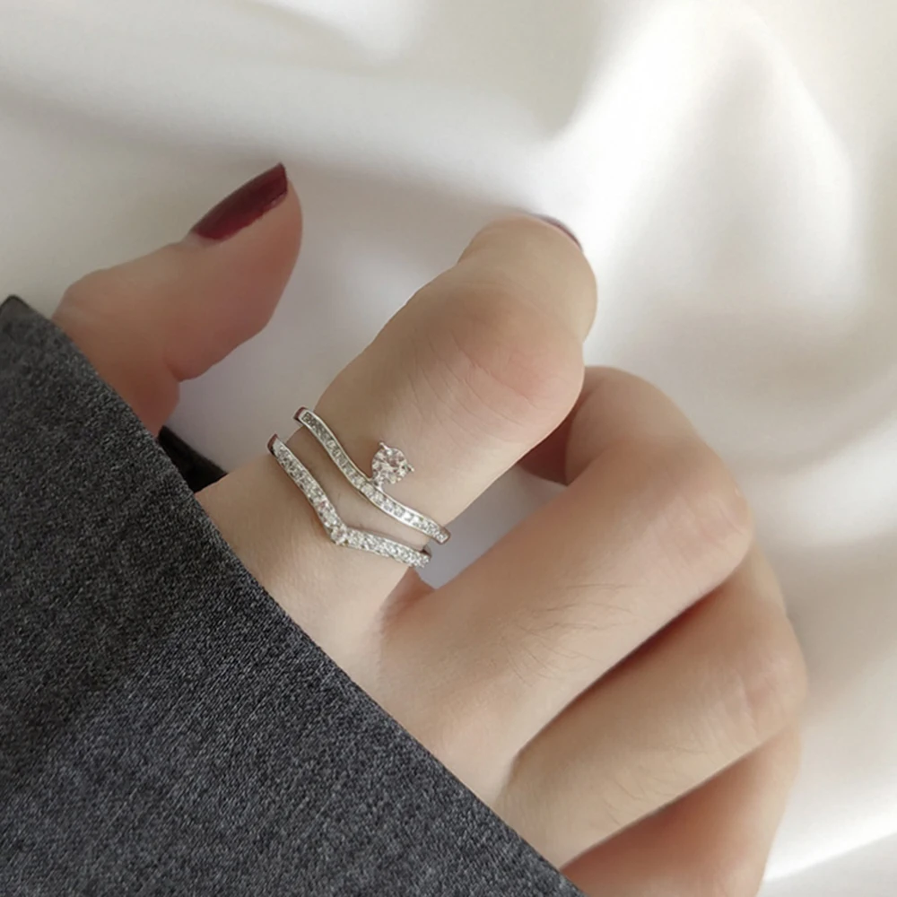 

Sterling Silver 925 One Set Jewelry Micro Paved CZ Zircon Wedding Bands Ring Sets Open Adjustable Minimalist V Diamond Ring