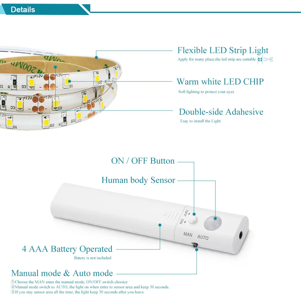 Батарея Сенсор ночник 1 метр Светодиодные ленты свет движение активированный индукционных кровать свет с Автоматическое отключение