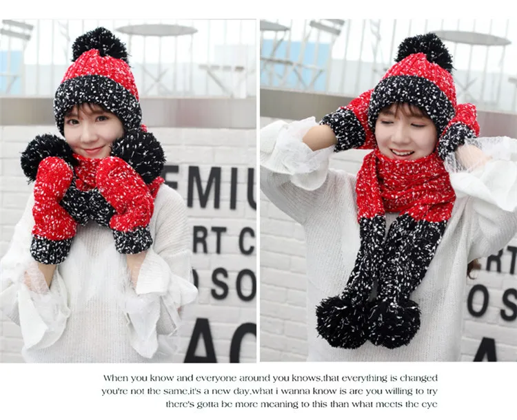 Теплый комплект из 3 предметов зимние шапки шарф перчатки для женщин девочек толстый хлопок зимние аксессуары Головные уборы наборы женские шапочки шарф перчатки