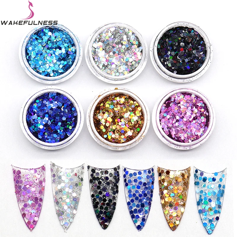 

6Box /Set Nail Glitter Set Laser laser Shinning Hexagon Shape Sequins Powder Dust Purple Blue Nail Art Decorations Paillette