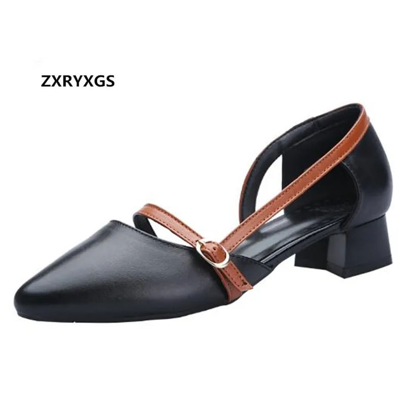 

2019 Pointed Spell Colors Summer Shoes Woman New Fashion Sandals Side Space Full Genuine Leather Shoes Thick Heel Women Sandals