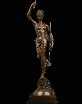 

Art Deco Sculpture Beautiful Woman Goddess Girl Hold Trump Bronze Statue Signed