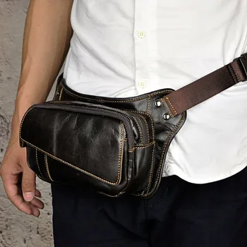 

Men Oil Wax Genuine Leather Cowhide Vintage Fanny Waist Bags Travel Single Messenger Sling Chest Bag
