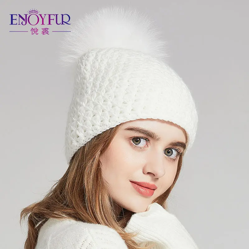 ENJOYFUR, ручная работа, теплые зимние шапки для женщин, настоящая лиса/енот, шапка с меховым помпоном, смешанные цвета, шерстяная шапка для девочек - Цвет: 10FS