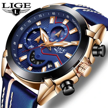 

LIGE New Mens Watches Top Luxury Quartz Watch Blue Casual Leather Military Watches Men Waterproof Sports Clock Relogio Masculino