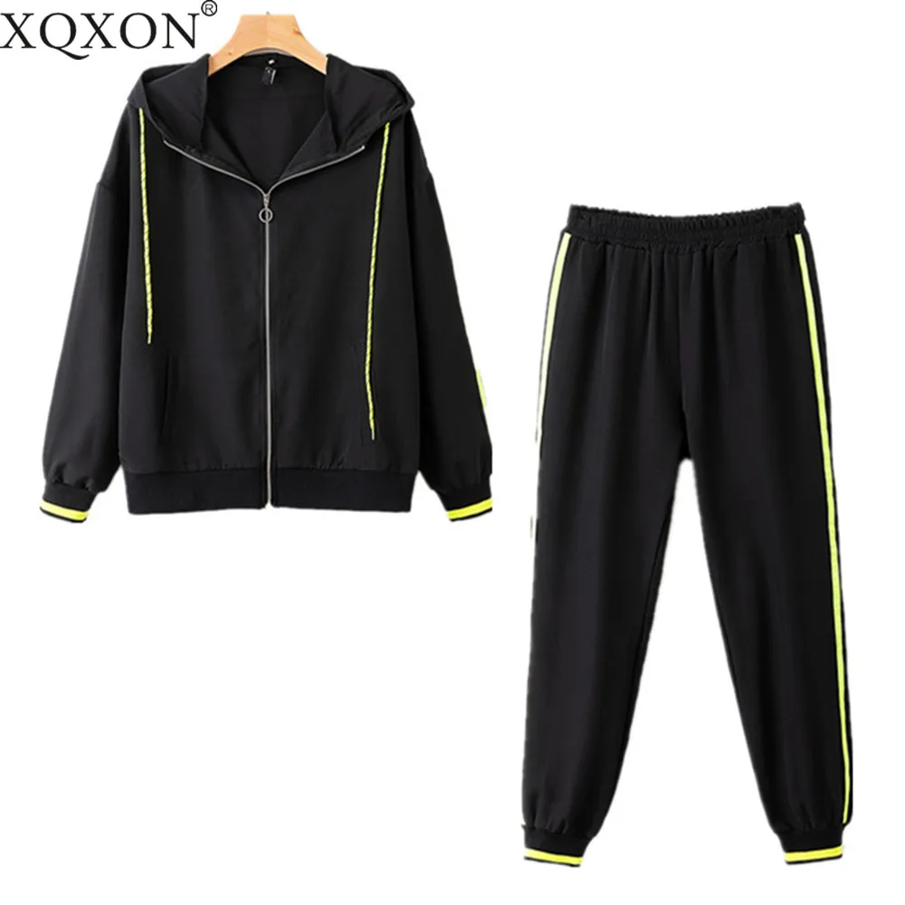 

Set female 2019 Women loose black Hooded Sweatshirts Tops and Side Stripe Harem Pant suits Women Tracksuits Two piece sets
