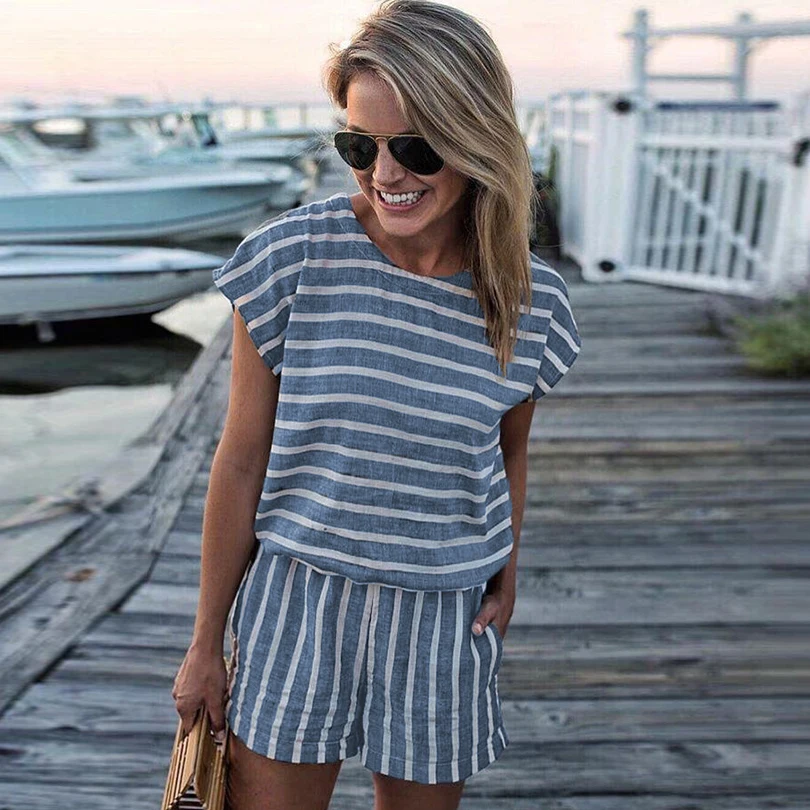 

Sexy Striped Print Pocket Women Jumpsuit Short O-Neck Sashes Female Playsuit Summer Casual Jumpsuits Fashion Beach Style Clothes