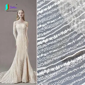 

Women Girl Wedding Dress,Skirt Handmade Sew Material Off White Stripe Embroidery Fabric,Tulle Embroidery Cloth S0860L