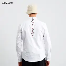 Aolamegs рубашки Для мужчин одноцветное Мужская рубашка с цветочной вышивкой длинный рукав белая рубашка мода Повседневное Стиль Весна