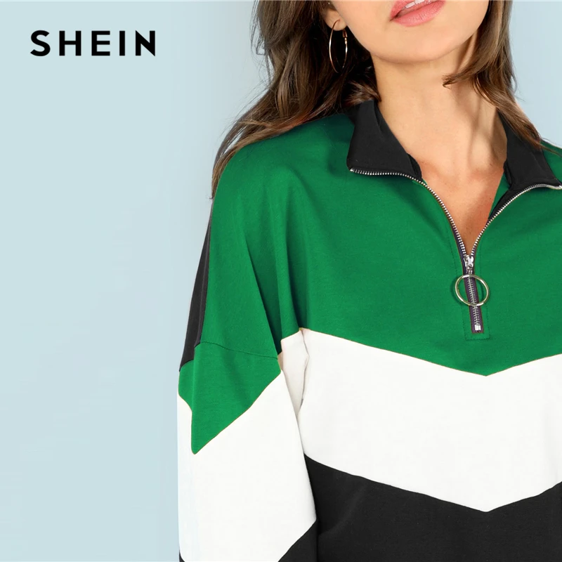 SHEIN Вырезать Шить Свитшот На Молнии Многоцветная Элегантная Толстовка Осенние Женские Кофты С Длинными Рукавами