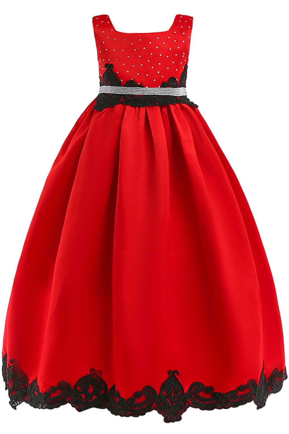 Платье принцессы из сатина, расшитое бисером; Длина до пола; Красные Платья с цветочным узором для девочек; коллекция года; черное праздничное платье с аппликацией для девочек; платья для первого причастия
