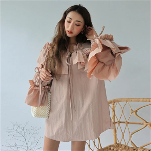 RUGOD корейское свободное женское платье с оборками, модное платье с v-образным вырезом и рукавом-бабочкой, женское платье большого размера в богемном стиле, вечерние мини-платья для пляжа - Цвет: light pink