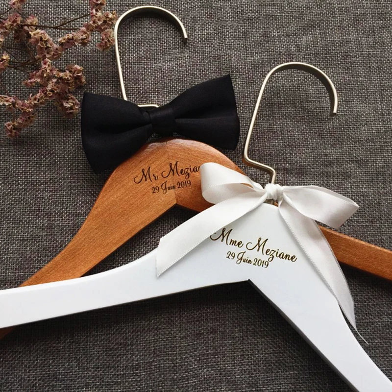 His and Hers Hangers Wedding Gift Dress Suit Jacket Hangers Her Bride Bridesmaid Maid of Honor Engraved Personalized Wood Quick Ship 