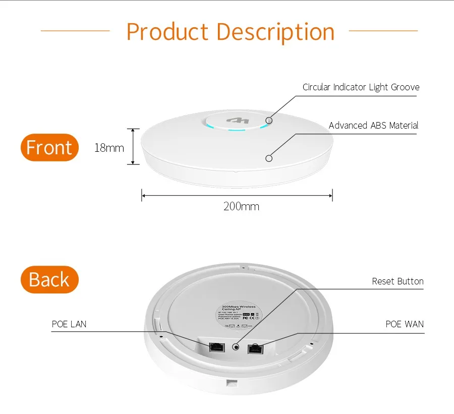 Wifi Ceiling AP Wall-mounted Access Point 300Mbps High Power Wi-fi Coverage 48V POE Power Adapter Wireless Indoor Ceiling AP